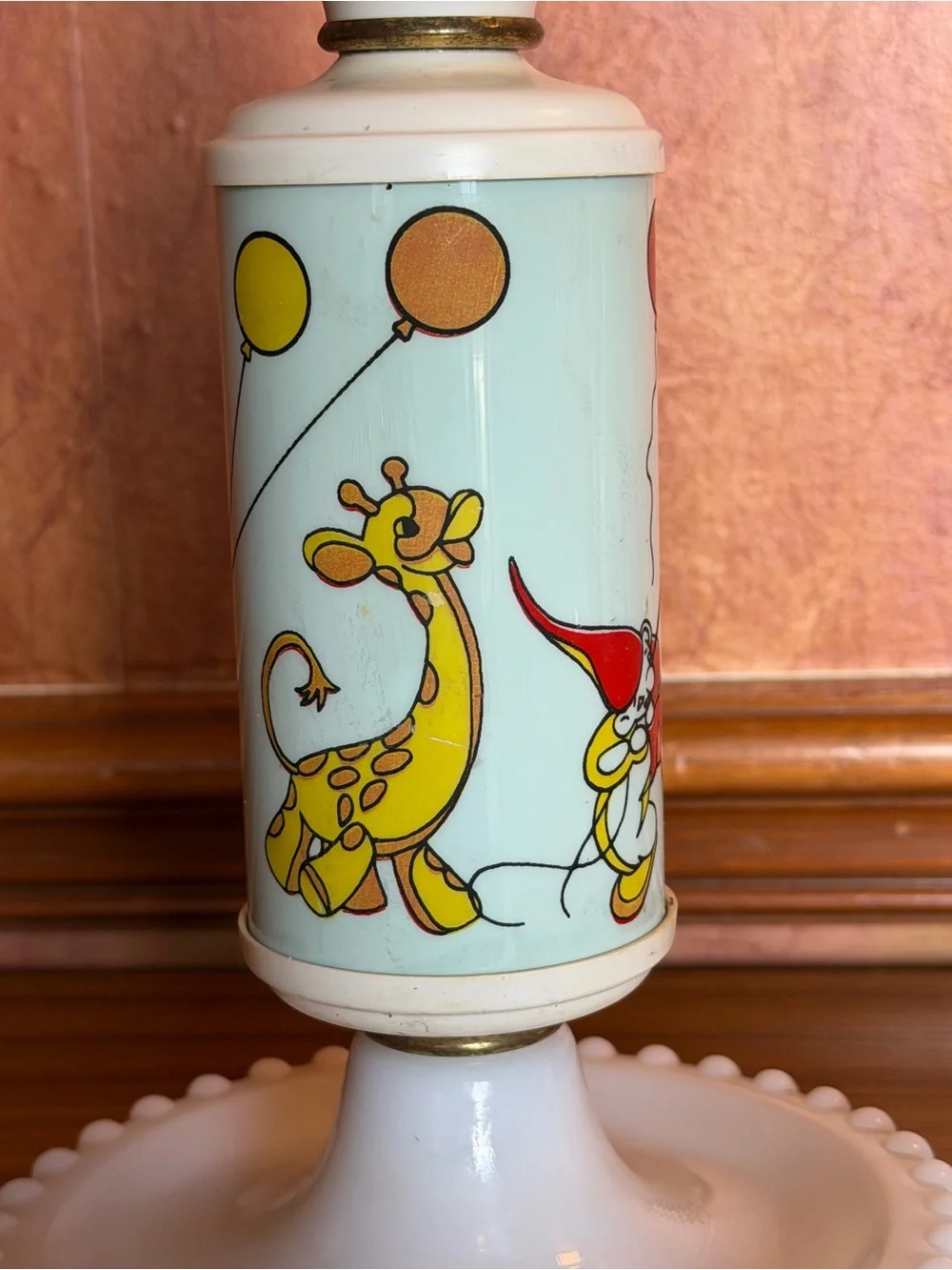 Vintage 1950s Milk Glass Nursery Lamp Circus Clown Giraffe Hobnail Base WORKS
